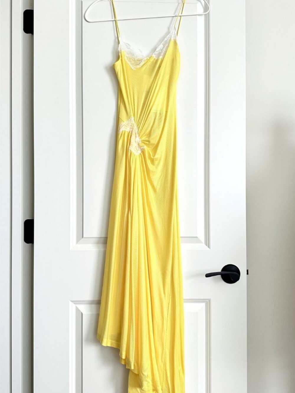 NWT CHRISTOPHER ESBER Yellow Delphin Lace Trim Asymmetrical Rib Midi Dress UK8